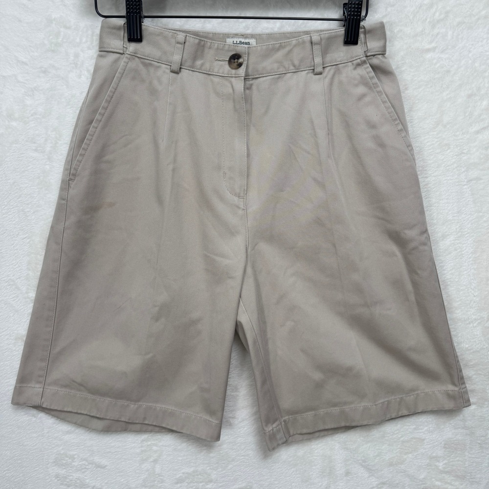 LL Bean Shorts Womens 4 Tan‎ Original Fit Chino Pleated High Rise Cotton